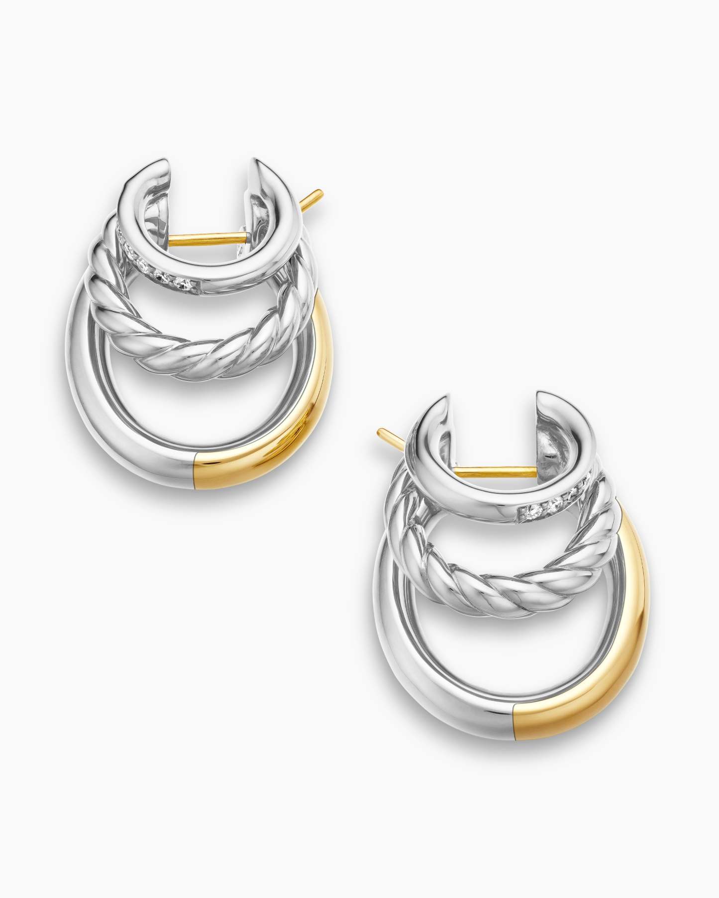 DY Mercer® Three Row Hoop Earrings Sterling Silver with 18K Yellow Gold and Diamonds, 21mm