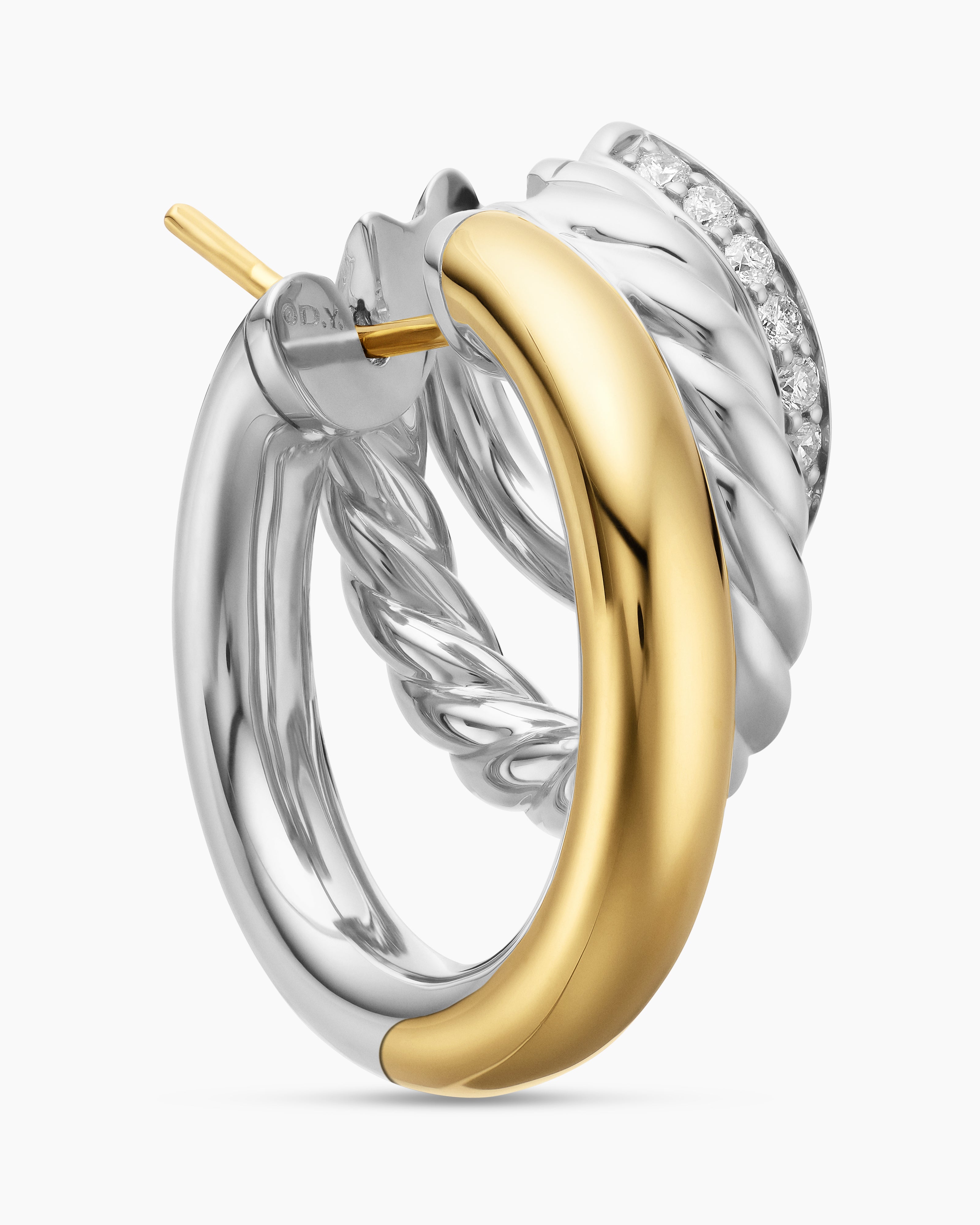 DY Mercer® Three Row Hoop Earrings Sterling Silver with 18K Yellow Gold and Diamonds, 21mm