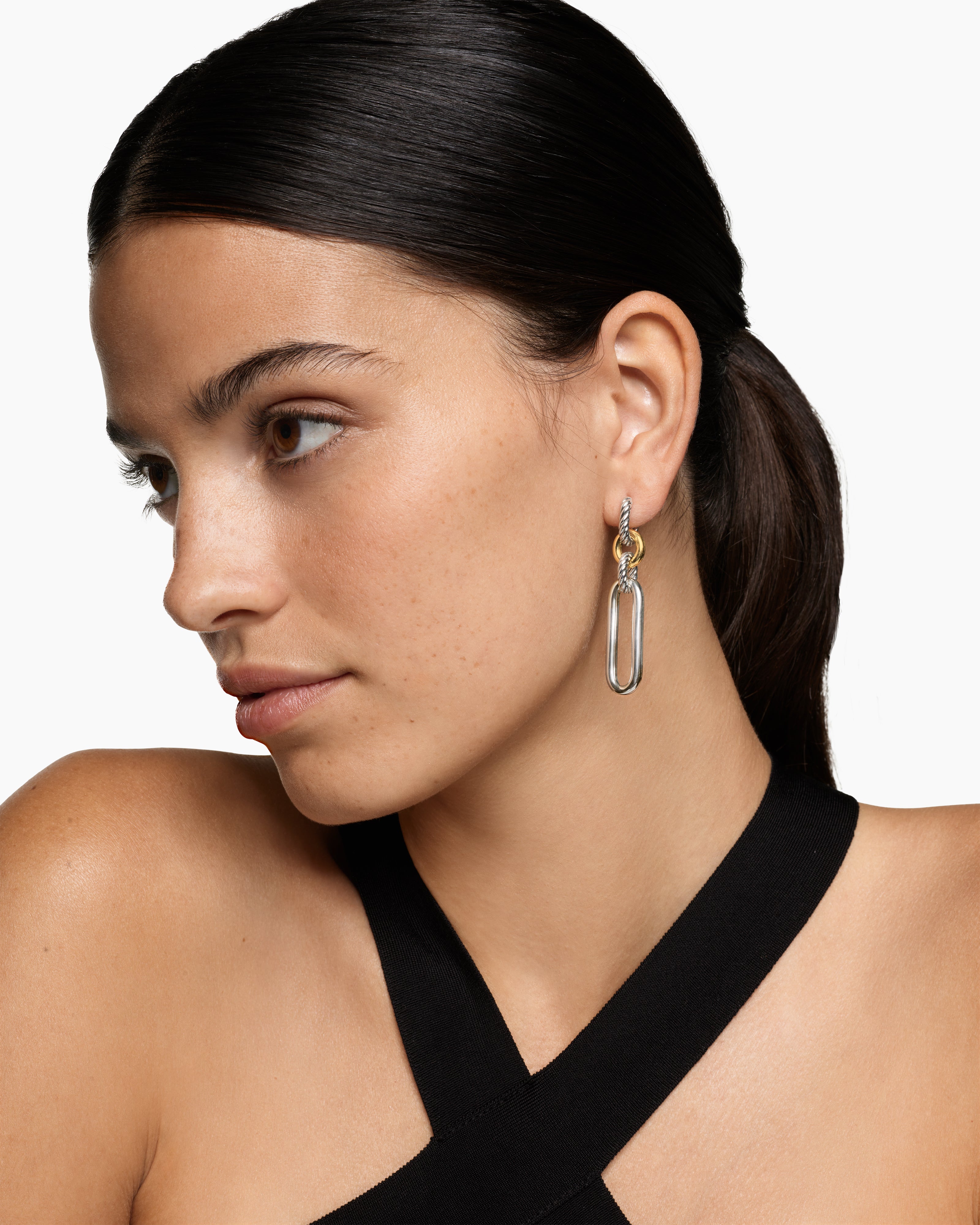 Lexington Double Link Drop Earrings Sterling Silver with 18K Yellow Gold, 53.5mm