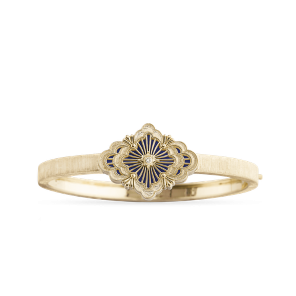 OPERA TULLE GOLD BANGLE BRACELET WITH BLUE ENAMEL BACKGROUND