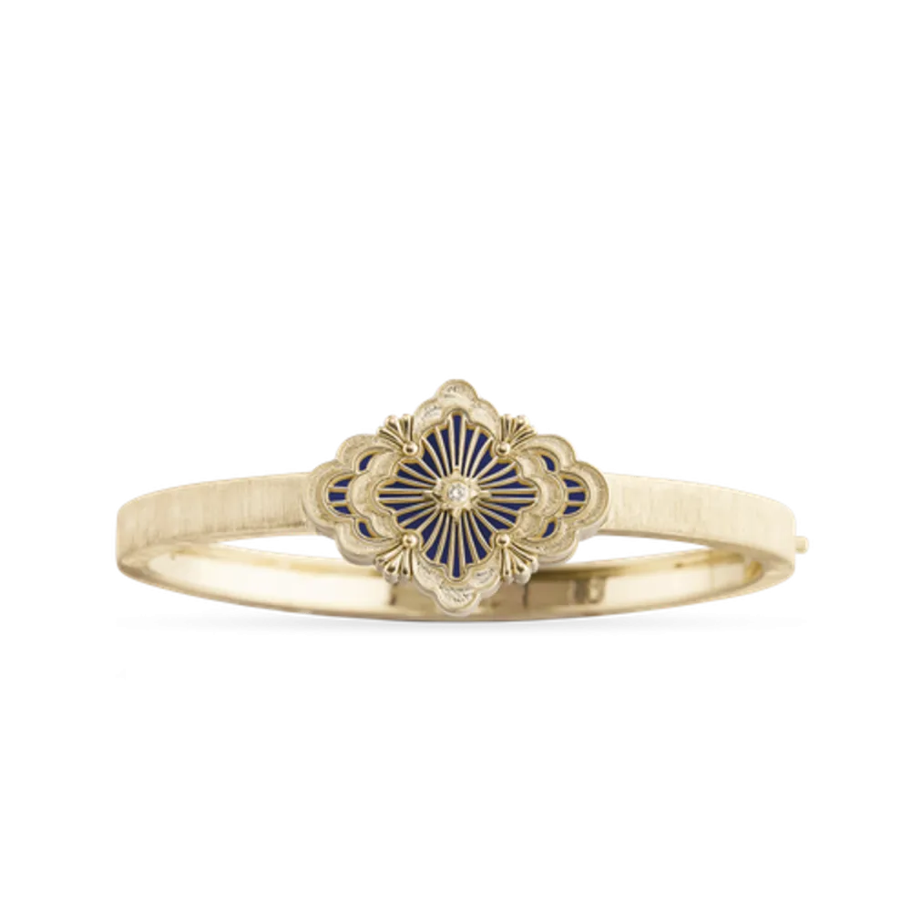 OPERA TULLE GOLD BANGLE BRACELET WITH BLUE ENAMEL BACKGROUND