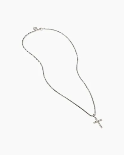 Classic Cable Cross Necklace Sterling Silver with Center Diamond, 24.3mm