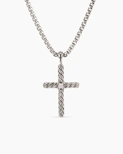 Classic Cable Cross Necklace Sterling Silver with Center Diamond, 24.3mm
