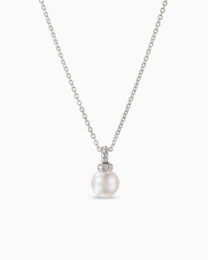 Petite Solari Pendant Necklace 18K White Gold with Pearl and Diamonds, 11.5mm