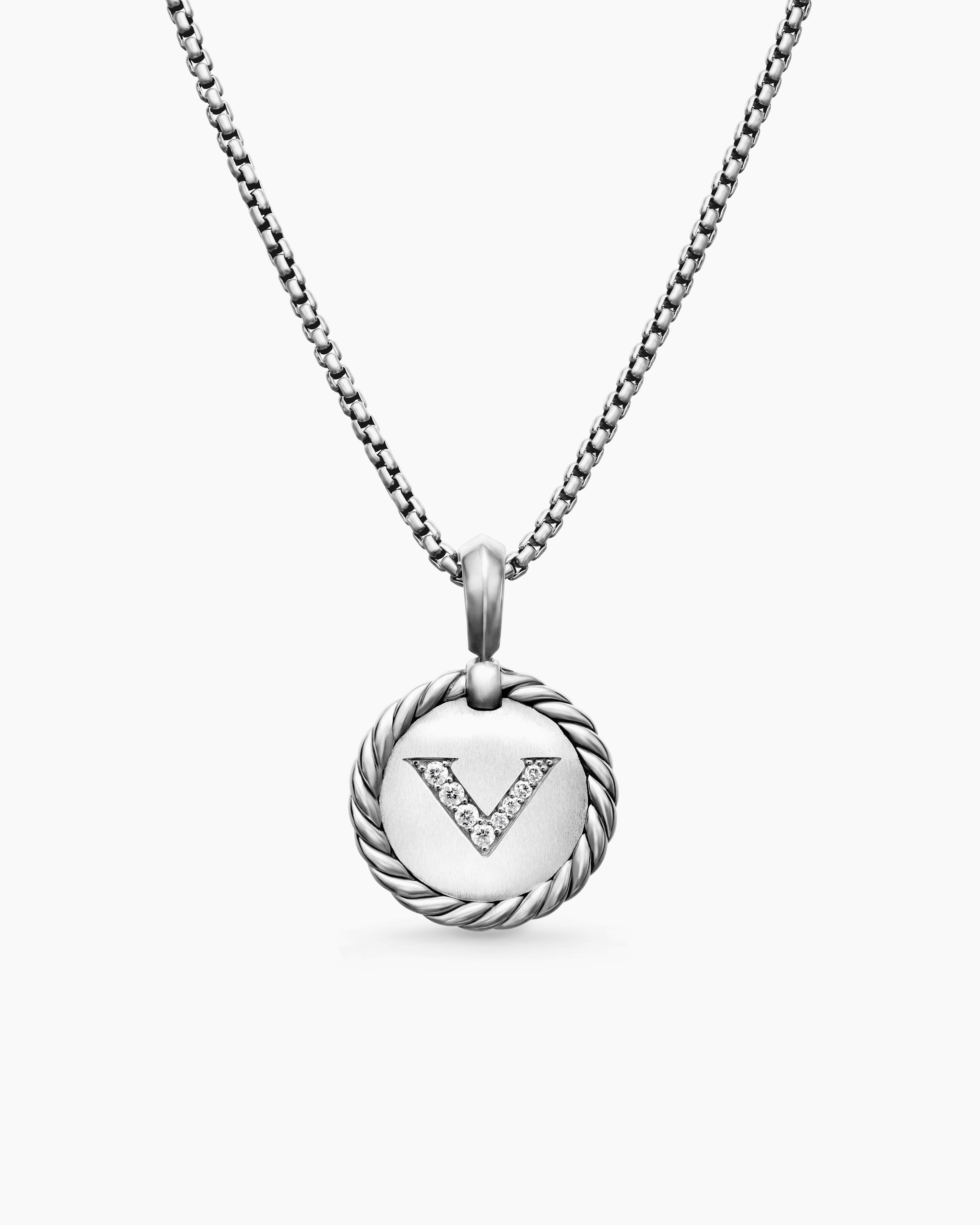 Initial Charm Necklace Sterling Silver with Diamond V