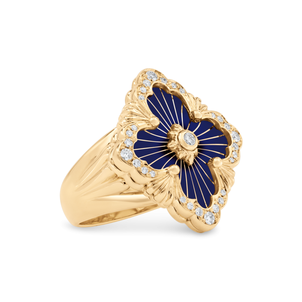 OPERA TULLE GOLD RING WITH BLUE ENAMELED ELEMENT AND TULLE PATTERN