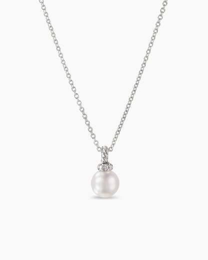 Petite Solari Pendant Necklace 18K White Gold with Pearl and Diamonds, 11.5mm