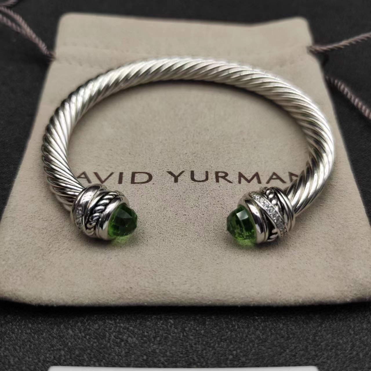 Classic Cable Bracelet Sterling Silver with Prasiolte and Diamonds, 7mm
