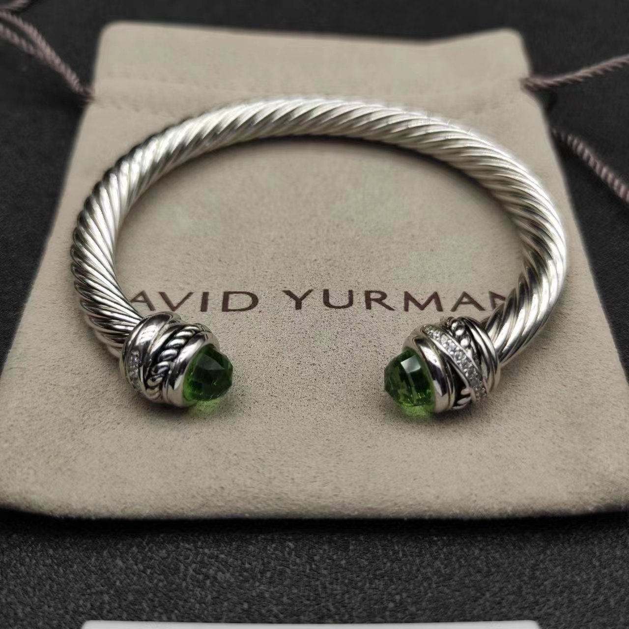 Classic Cable Bracelet Sterling Silver with Prasiolte and Diamonds, 7mm