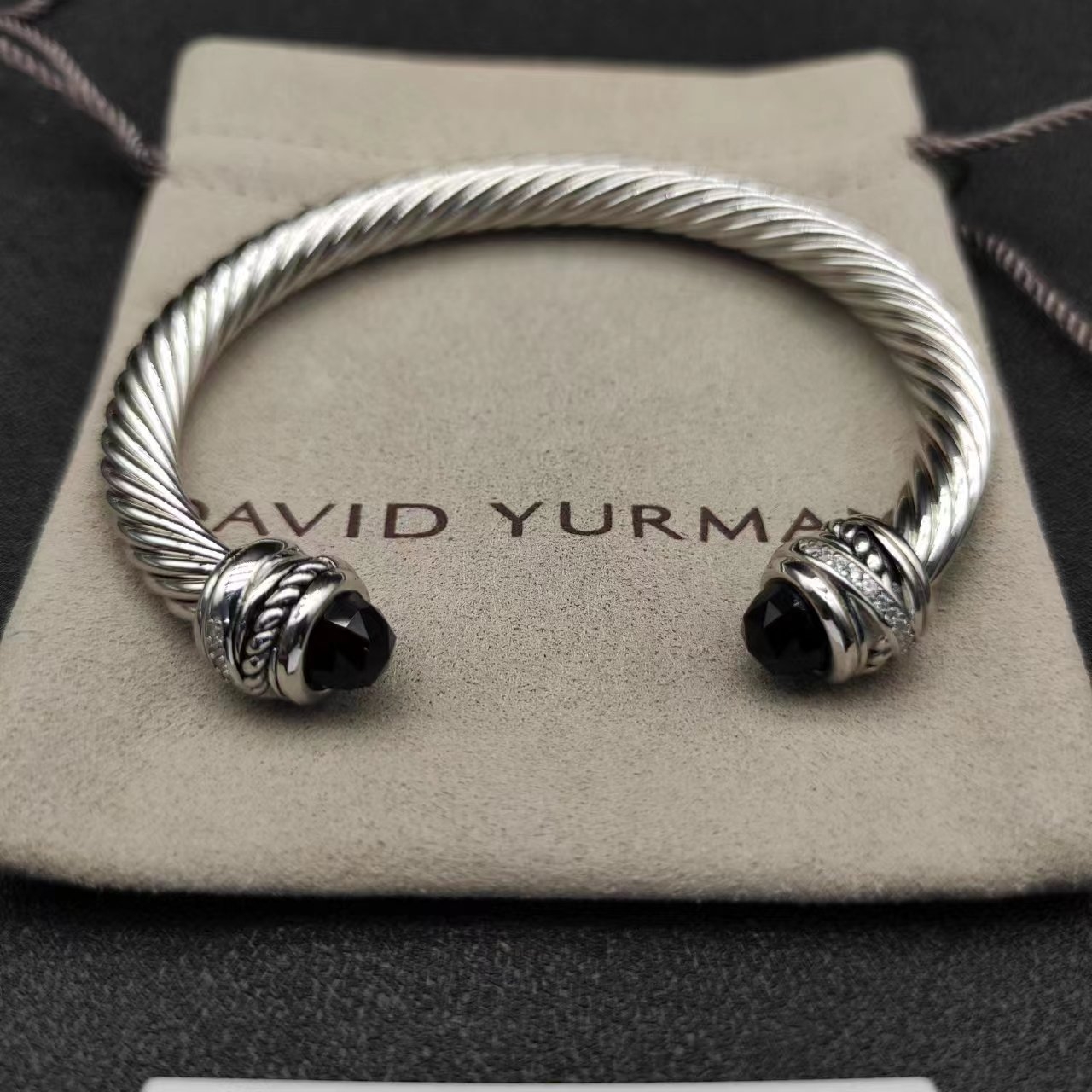 Classic Cable Bracelet Sterling Silver with Black Onyx and Diamonds, 7mm