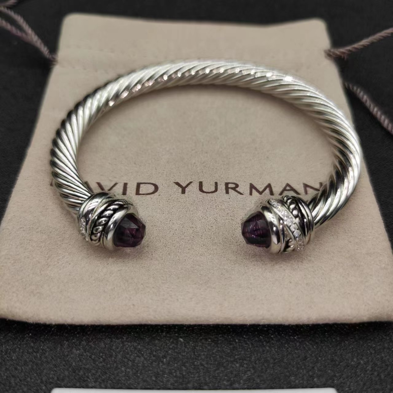 Classic Cable Bracelet Sterling Silver with Amethyst and Diamonds, 7mm