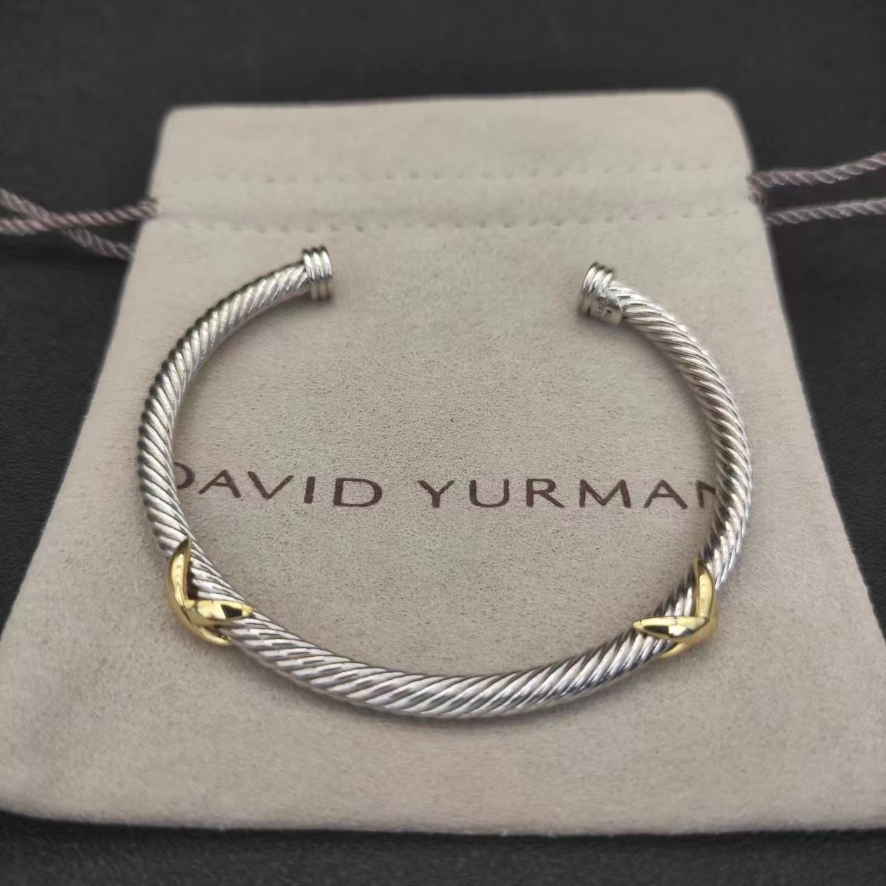 X Classic Cable Station Bracelet Sterling Silver with 18K Yellow Gold, 4mm