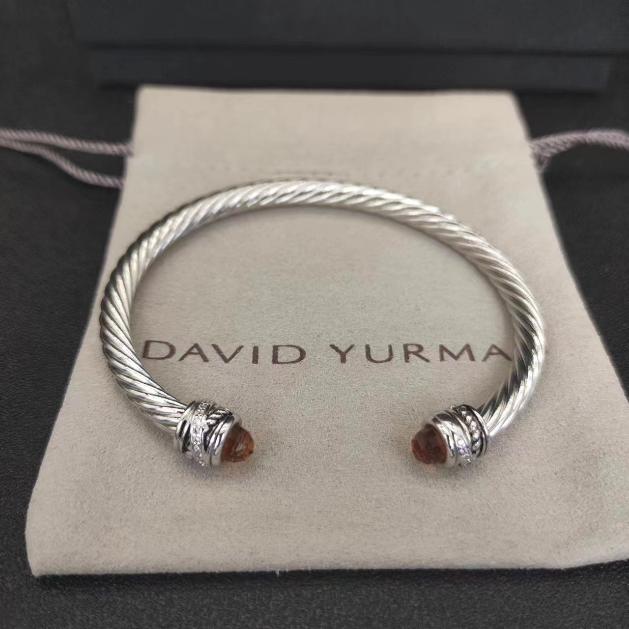Classic Cable Bracelet Sterling Silver with Champagne Crystal and Diamonds, 5mm