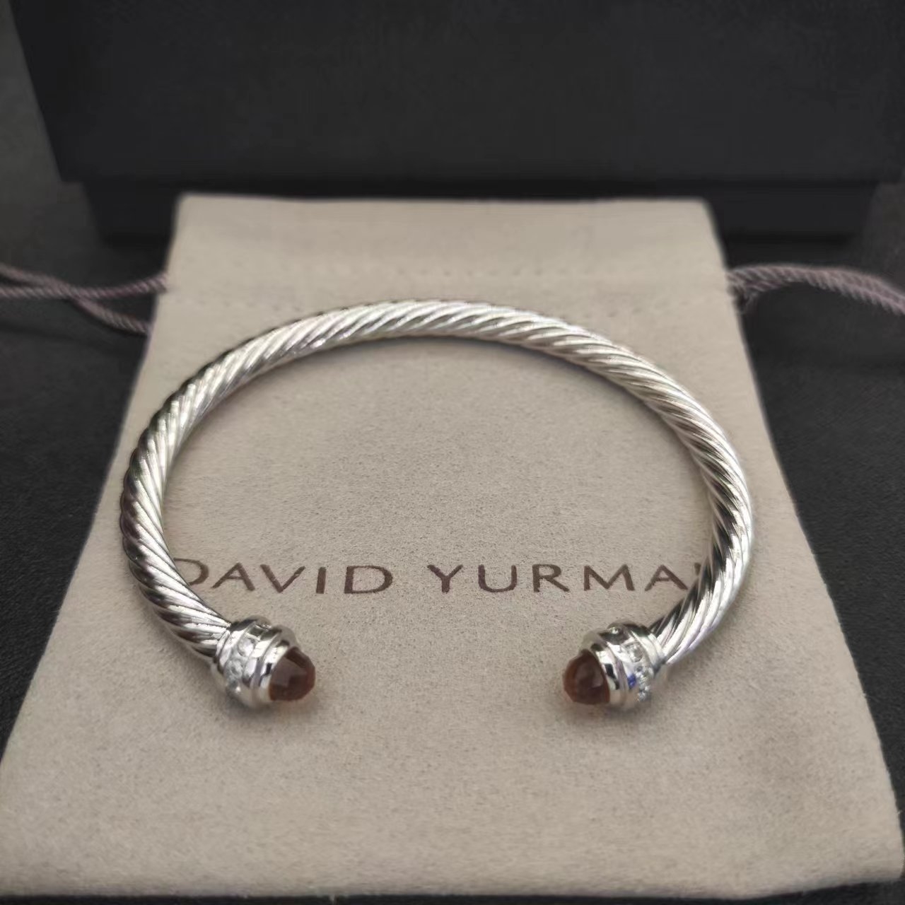 Classic Cable Bracelet Sterling Silver with Champagne Crystal and Diamonds, 5mm