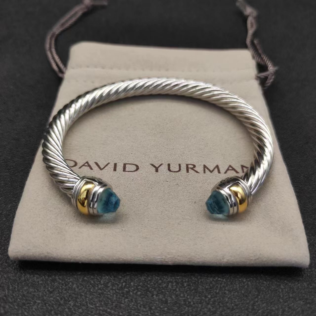 Classic Cable Bracelet Sterling Silver with 14K Yellow Gold and Blue Topaz, 7mm