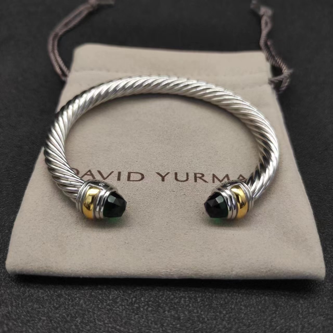 Classic Cable Bracelet Sterling Silver with 14K Yellow Gold and Prasiolite, 7mm