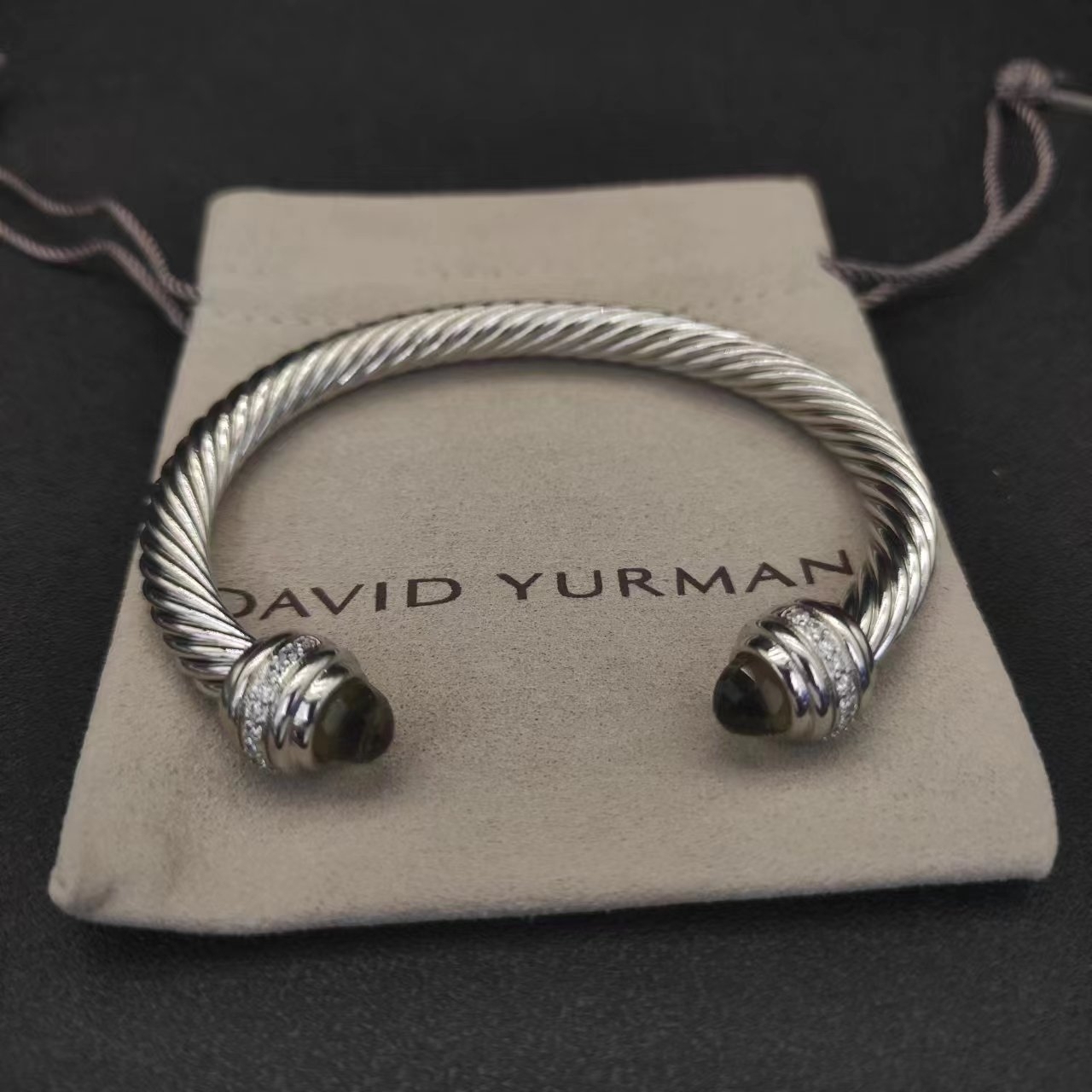 Classic Cable Bracelet Sterling Silver with Brown Crystal and Diamonds, 7mm