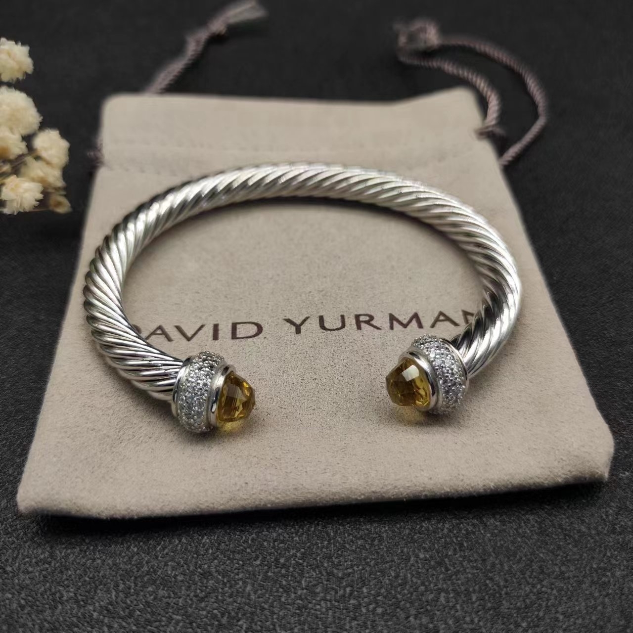 Cable Bracelet Sterling Silver with Citrine and Diamonds, 7mm