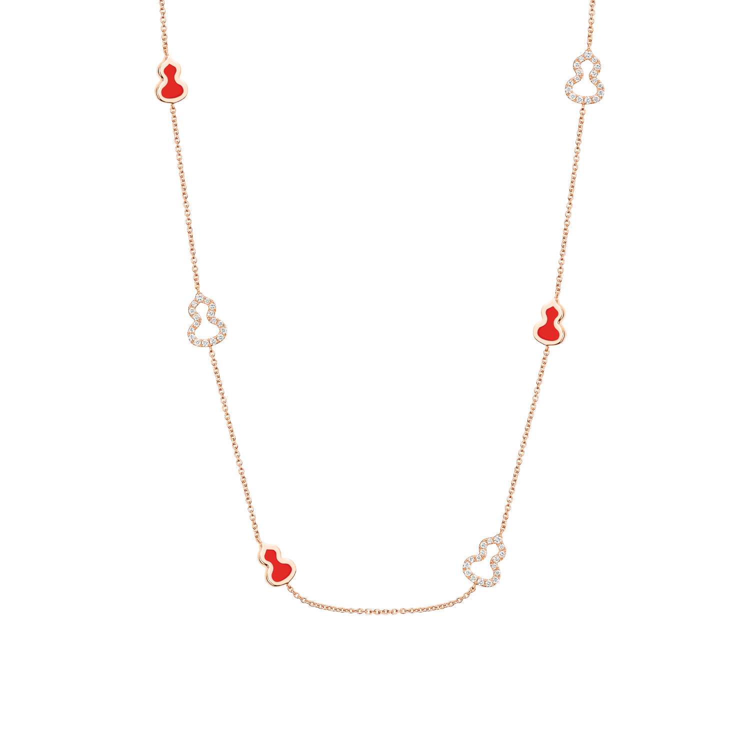 Wulu 22 inches sautoir necklace in 18K rose gold with diamonds and red enamel