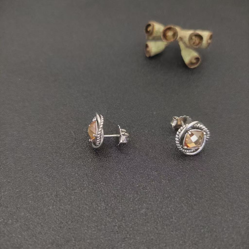 Infinity Stud Earrings Sterling Silver with Champagne Diamond, 13mm