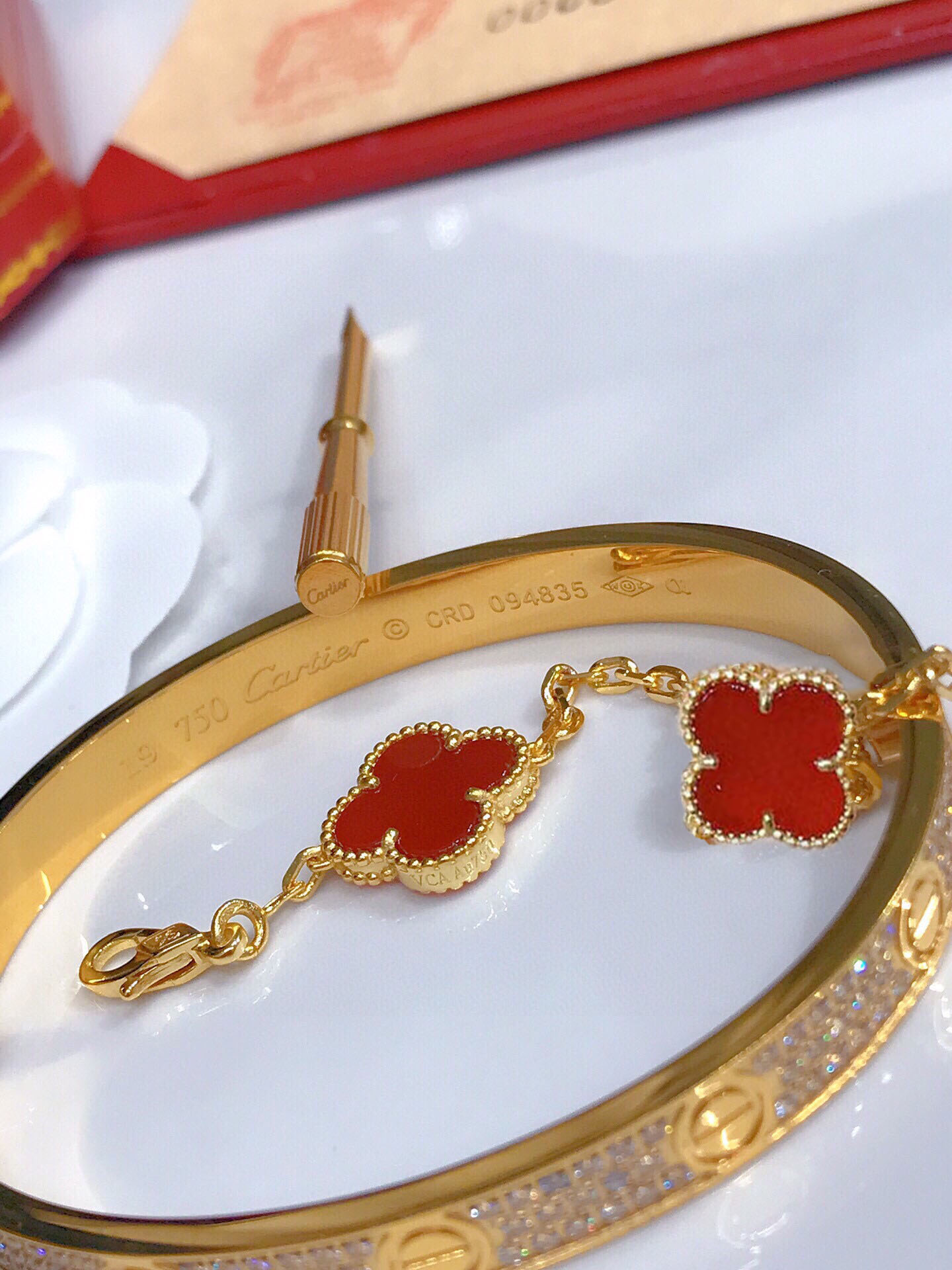 LOVE BRACELET, DIAMOND-PAVED + Vintage Alhambra bracelet, 5 motifs