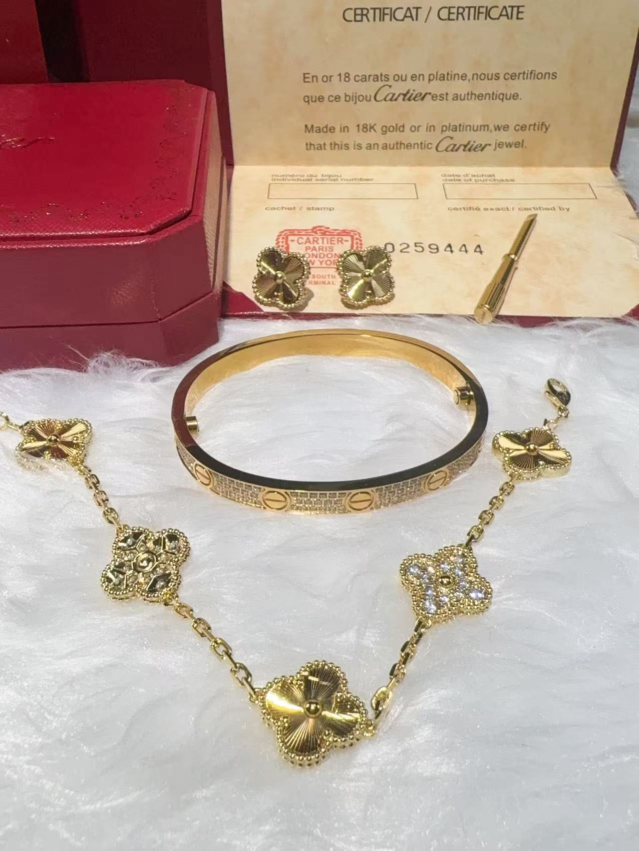 LOVE BRACELET, DIAMOND-PAVED + VINTAGE ALHAMBRA EARRINGS + VINTAGE ALHAMBRA BRACELET, 5 MOTIFS