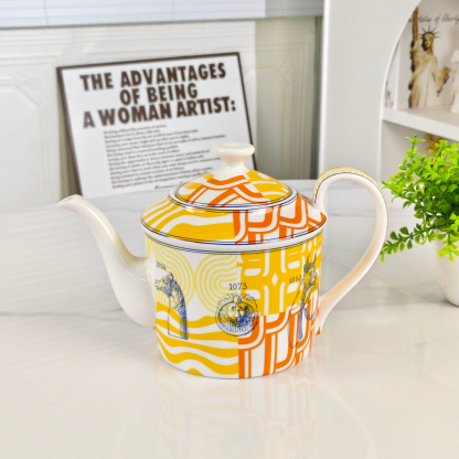 New Arrival 🔥 Hethtrmès Yellow Base Number Horse Teapot with Double Cups and Saucers