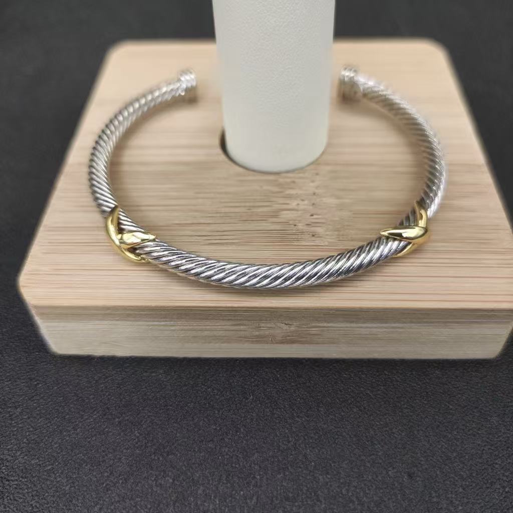 X Classic Cable Station Bracelet Sterling Silver with 18K Yellow Gold, 4mm
