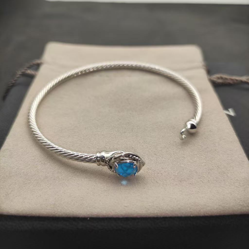 Cable Classics Bracelet,Blue Topaz and Bead Detail, Sterling Silver, 3mm