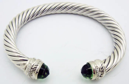 Classic Cable Bracelet Sterling Silver with Prasiolite Diamond Sterling 7 MM