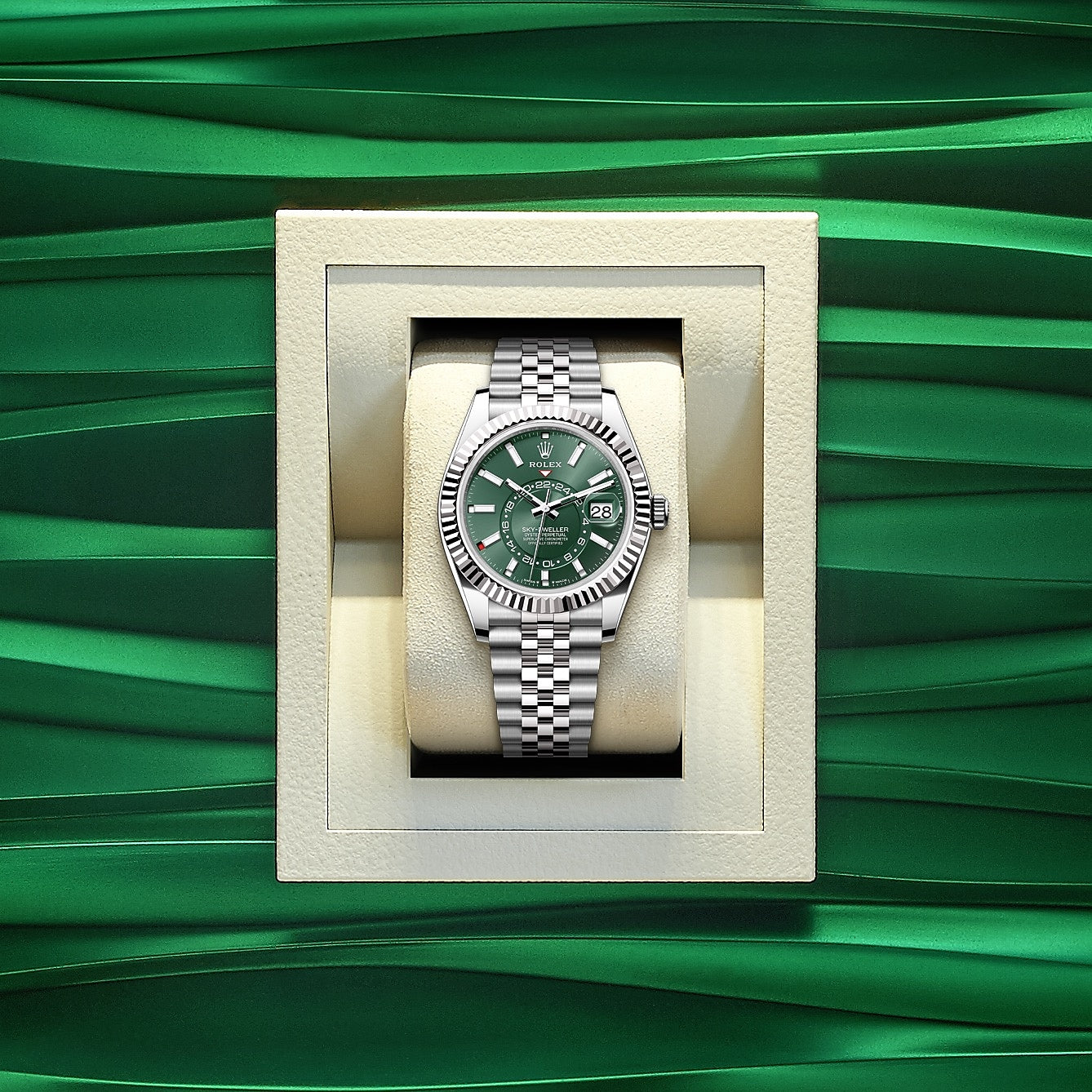 Sky-Dweller, 42mm, Oystersteel and 18k White Gold, Green, Jubilee, Ref# 336934-0002