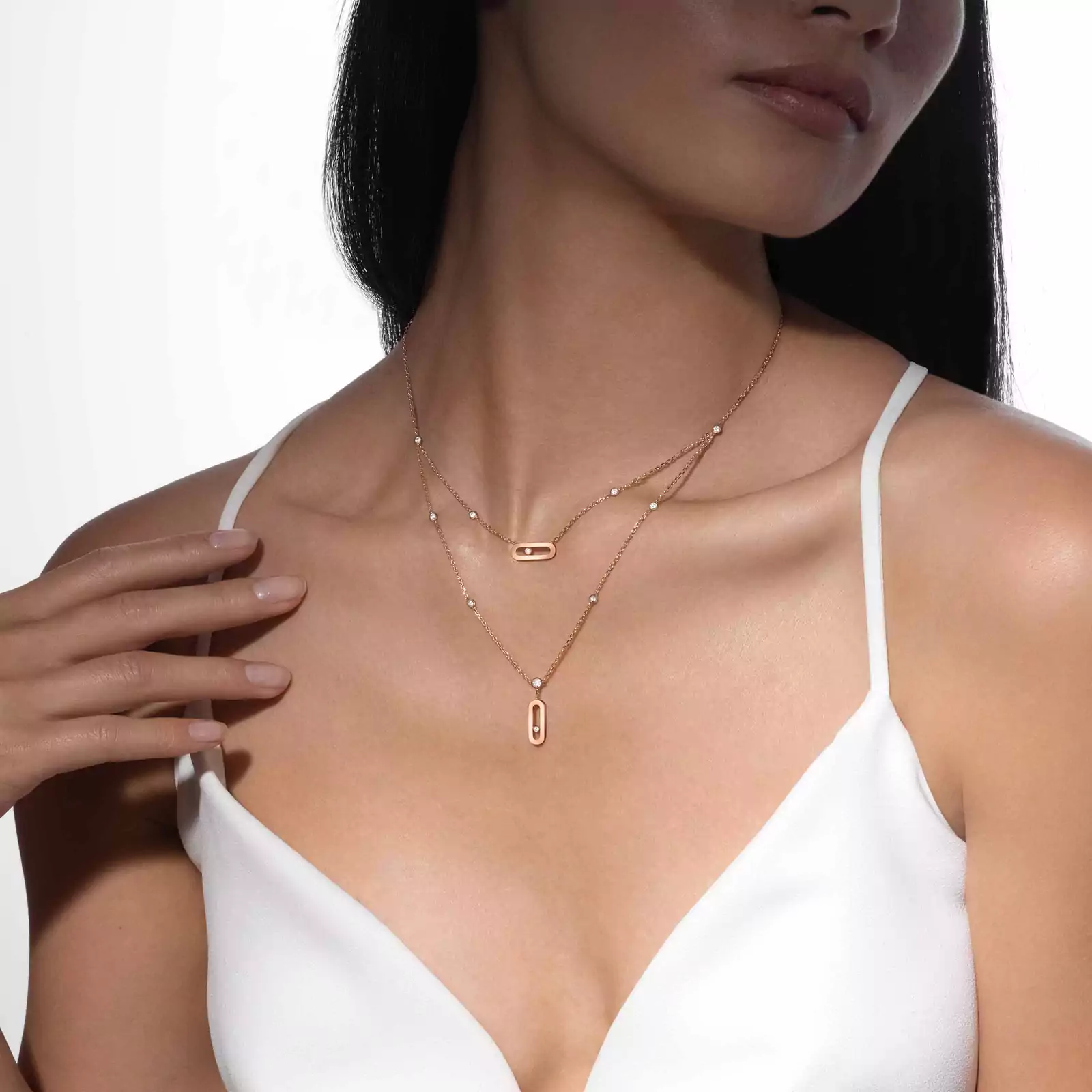 Move Uno 2 Rows Pink Gold Diamond Necklace