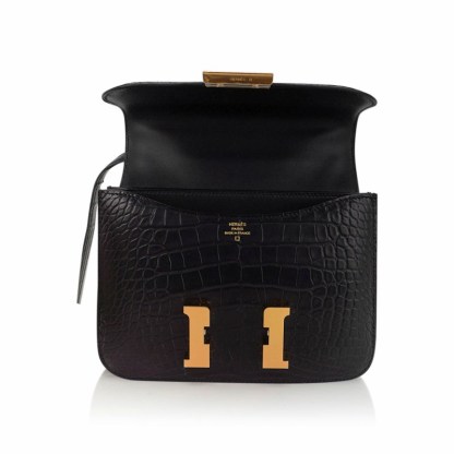 Mini Constance 18 Bag Black Matte Alligator with Gold Hardware and Mirror