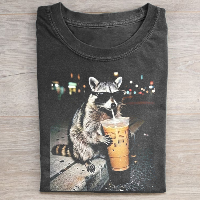 Funny Raccoon Drinking Iced Coffee T-shirt