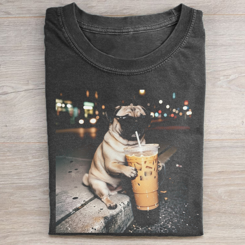 Funny Pug Drinking Iced Coffee T-shirt