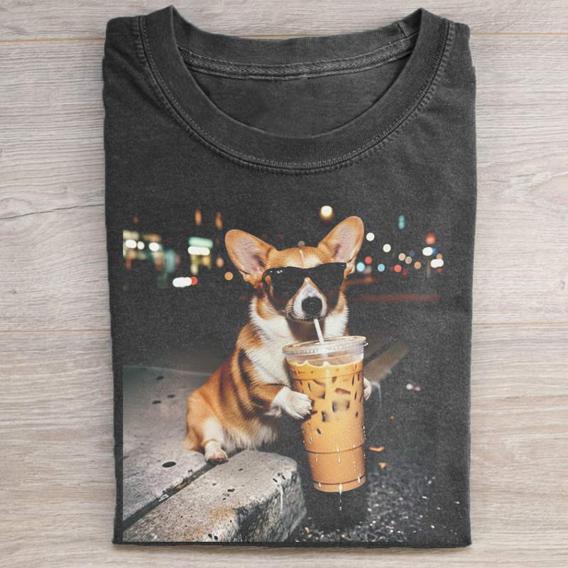 Funny Corgi Drinking Iced Coffee T-shirt