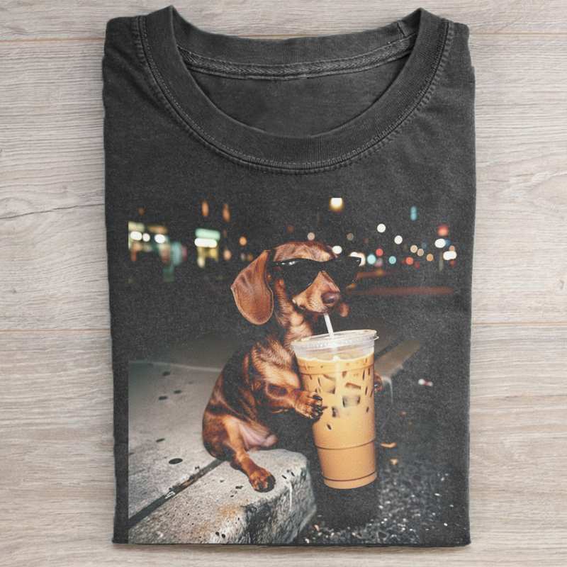 Funny Dachshund Drinking Iced Coffee T-shirt