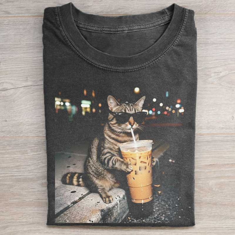Funny Cat  Drinking Iced Coffee T-shirt