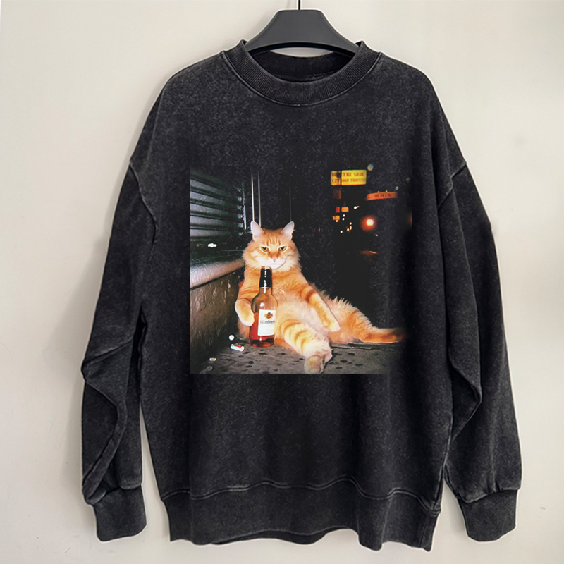 Vintage Wash Drunk Cat Meme Sweatshirt