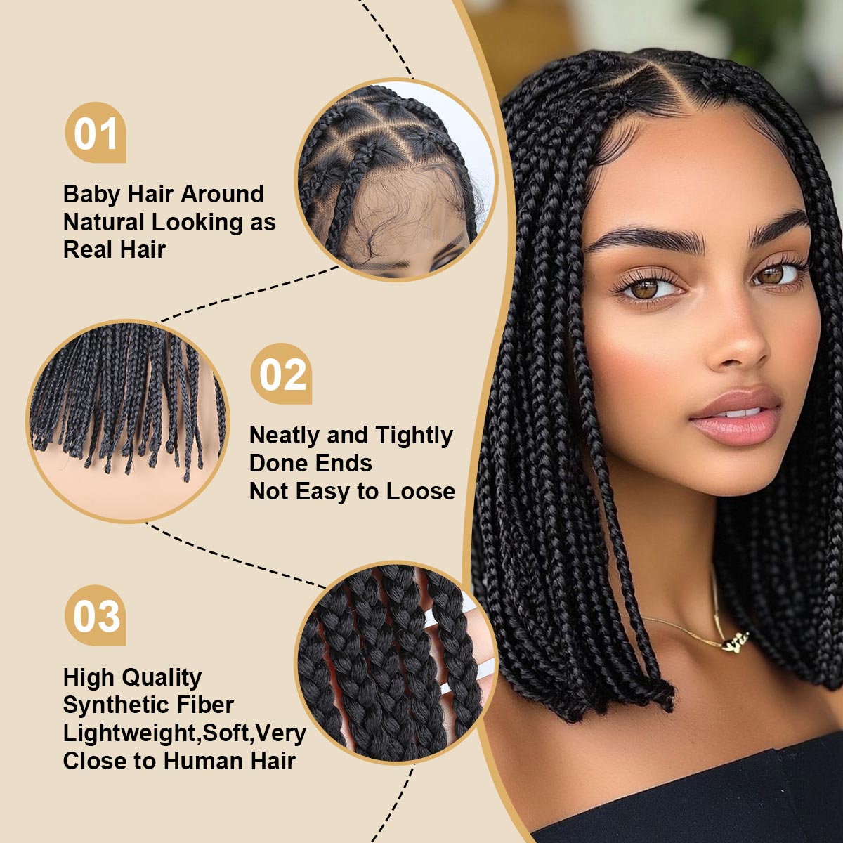 Sangtok 12inch Knotless Box Braid Wigs, 360 Single Full Lace Braided Wigs for Black Women, Synthetic Black Braided Lace Wig