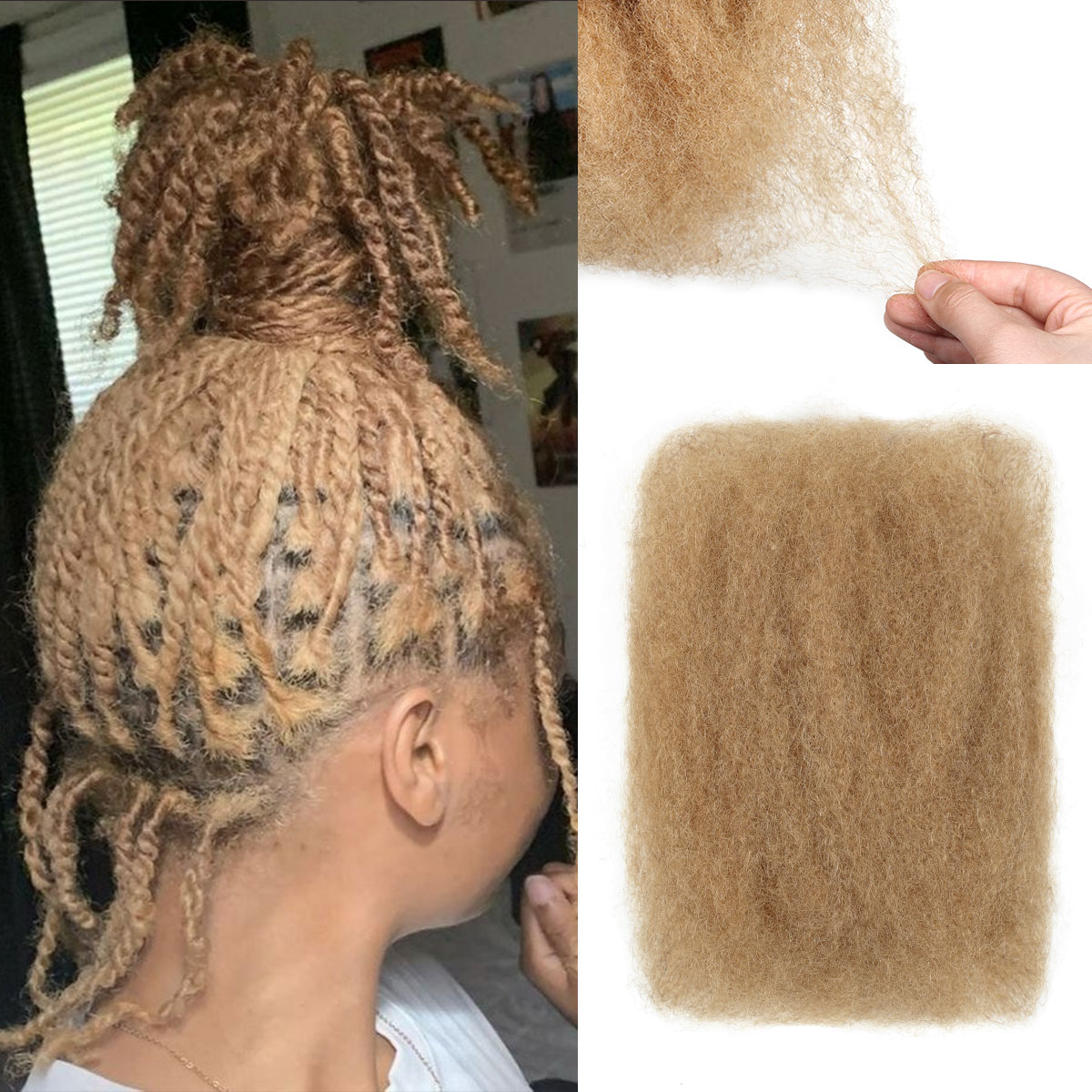 Sangtok Afro Kinkys Bulk Human Hair, 4c Curly Hair for Permanent Sister Locs/ Mini Twists/Braids/Repair Can Dye and Bleach Honey Blonde