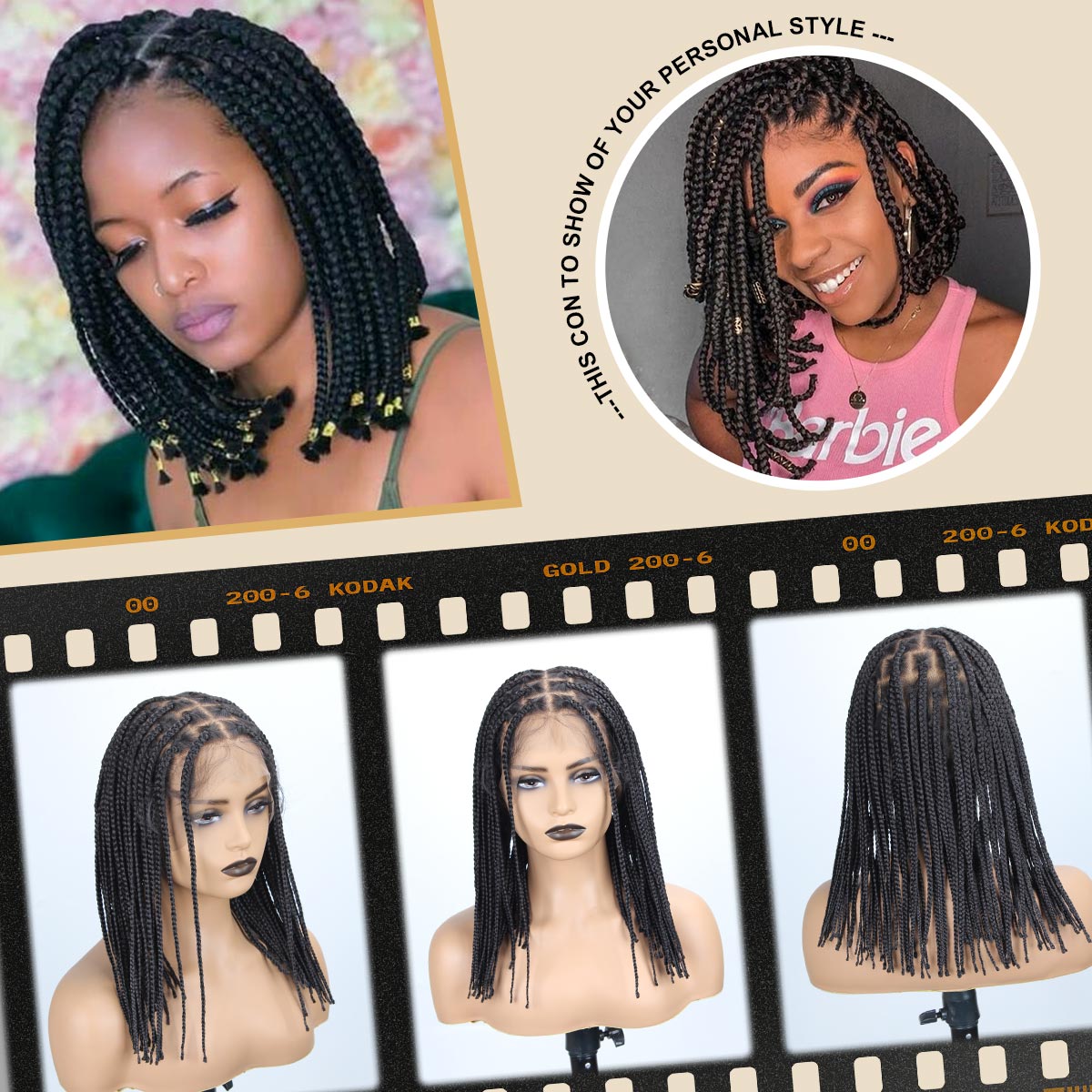Sangtok 12inch Knotless Box Braid Wigs, 360 Single Full Lace Braided Wigs for Black Women, Synthetic Black Braided Lace Wig
