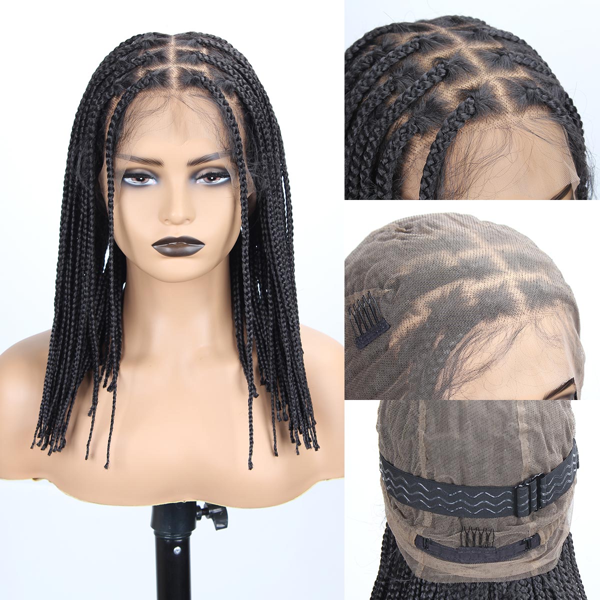 Sangtok 12inch Knotless Box Braid Wigs, 360 Single Full Lace Braided Wigs for Black Women, Synthetic Black Braided Lace Wig