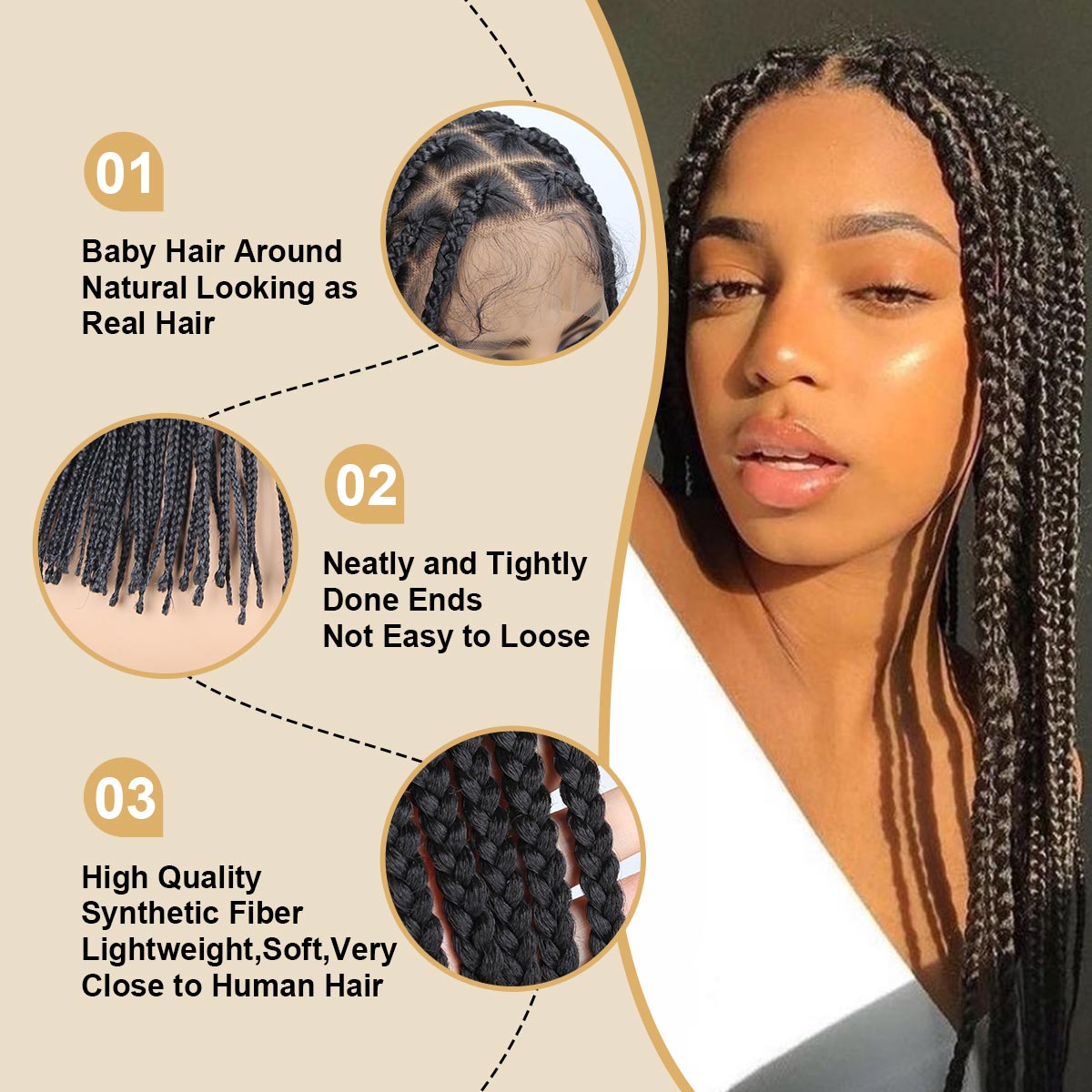 Sangtok 36 inch Knotless Box Braid Wigs, 360 Single Full Lace Braided Wigs for Black Women, Synthetic Black Braided Lace Wig