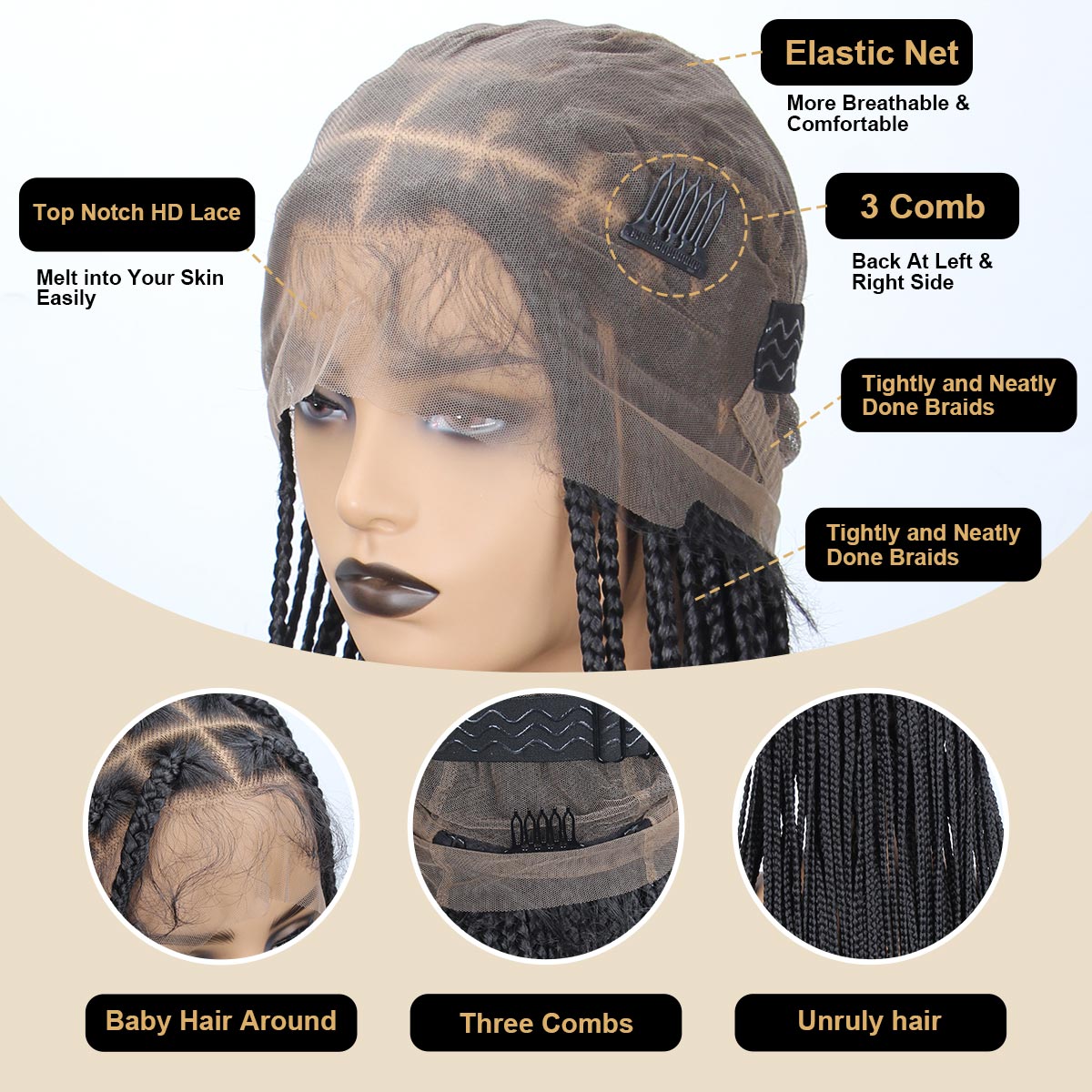Sangtok 12inch Knotless Box Braid Wigs, 360 Single Full Lace Braided Wigs for Black Women, Synthetic Black Braided Lace Wig