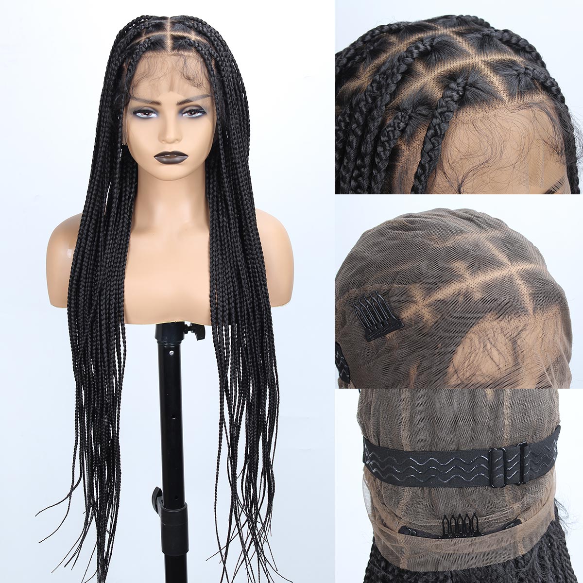 Sangtok 36 inch Knotless Box Braid Wigs, 360 Single Full Lace Braided Wigs for Black Women, Synthetic Black Braided Lace Wig