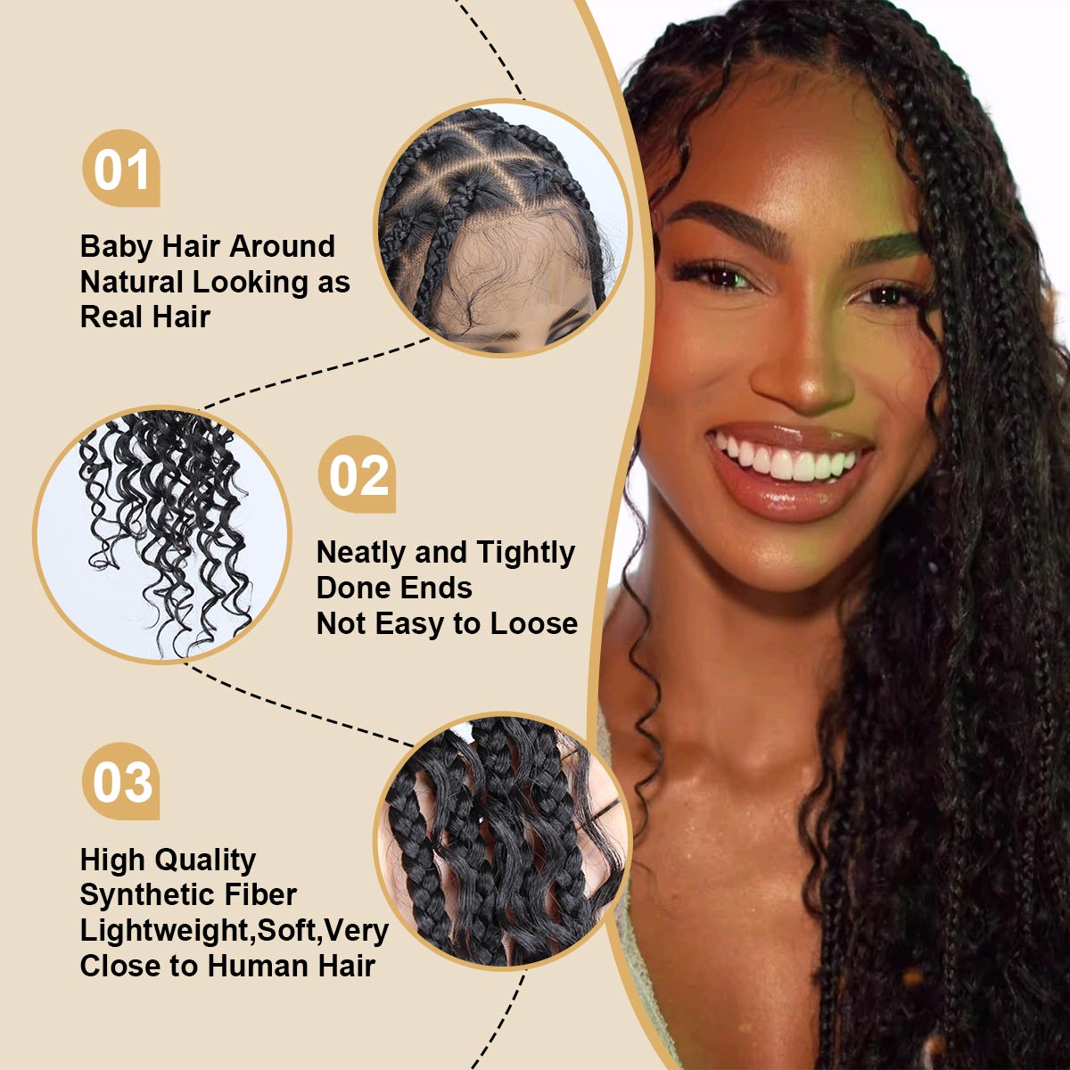 Sangtok 36 inch Knotless Boho Box Braid Wigs, 360 Single Full Lace Braided Curly Wigs for Black Women, Synthetic Black Braided Lace Wig