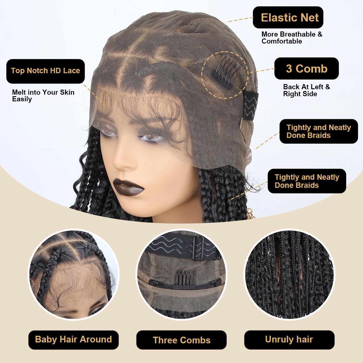 Sangtok 36 inch Knotless Boho Box Braid Wigs, 360 Single Full Lace Braided Curly Wigs for Black Women, Synthetic Black Braided Lace Wig