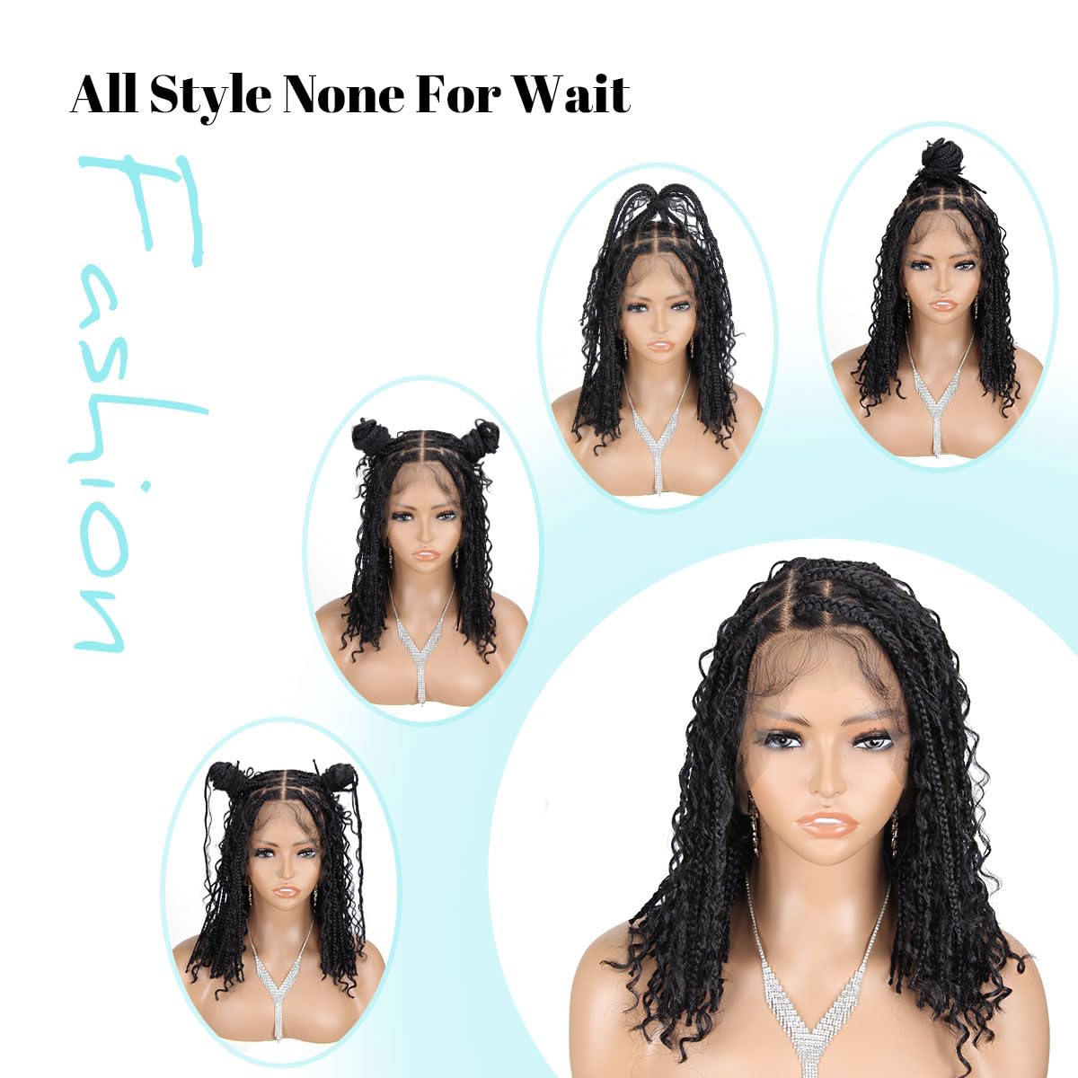 Sangtok 12 inch Knotless Boho Box Braid Wigs, 360 Single Full Lace Braided Curly Wigs for Black Women, Synthetic Black Braided Lace Wig