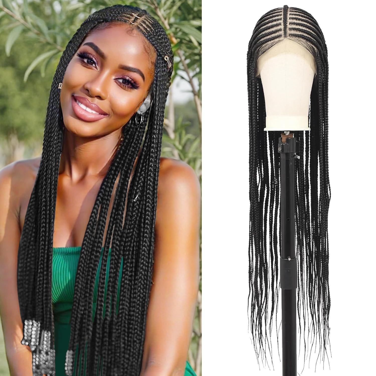13X8 Lace 36 Inch Front Cornrow Braided Wigs for Black Women Cornrow Box Braid Wigs with Baby Hair Black Lightweight Synthetic Natural Deep Side Parting Lace Frontal Box Braided Wig